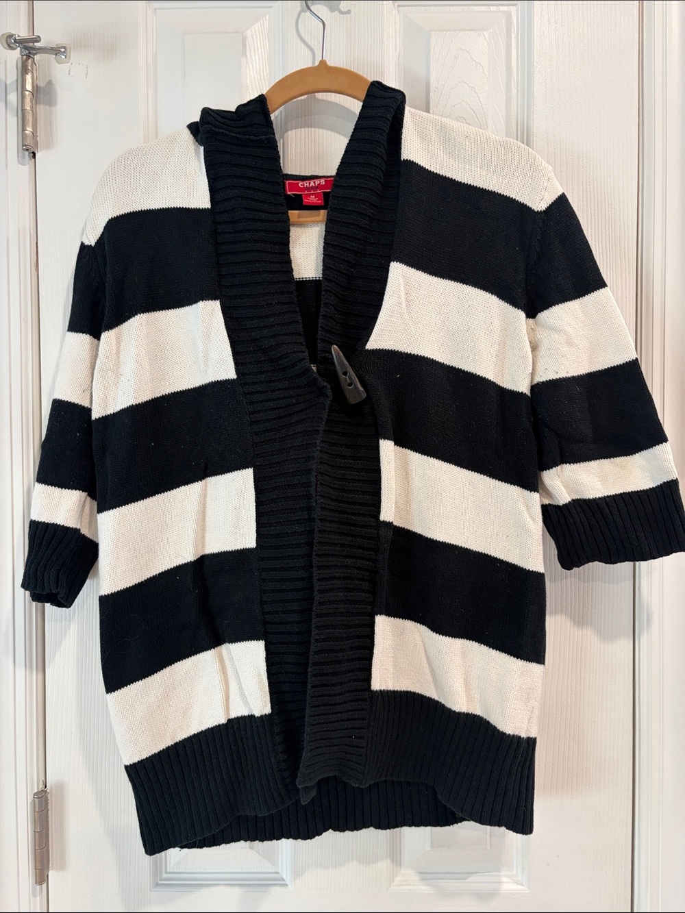 Chaps Black & White Striped Shawl-Collar Cardigan